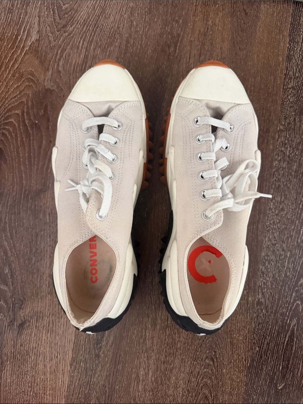 Converse Beige and White Canvas Low-Top Sneakers with Orange Accents size 10 W